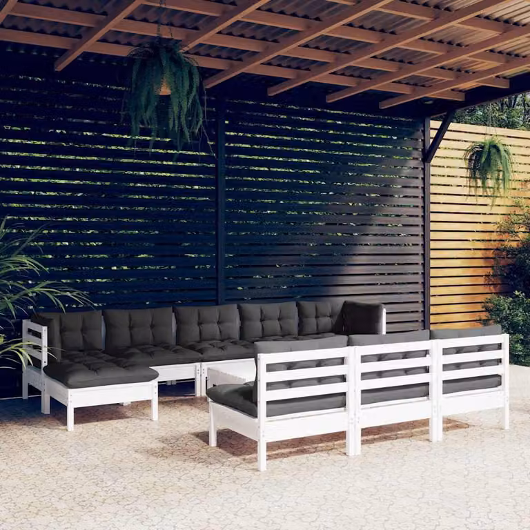 vidaXL Set Divani da Giardino 11 pz in Legno di Pino con Cuscini Bianchi e Antracite