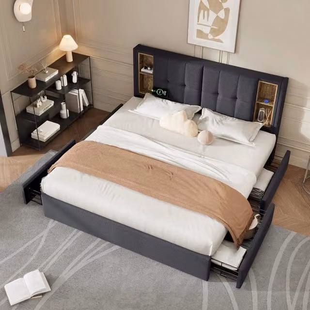 Letto Matrimoniale Imbottito con Cassetti e Rete a Doghe ¨C MINIMAL ¨C Grigio Tessuto 160x200