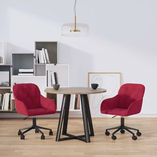 Set di 2 sedie da pranzo girevoli vidaXL in velluto rosso con ruote e struttura in metallo e legno – 1