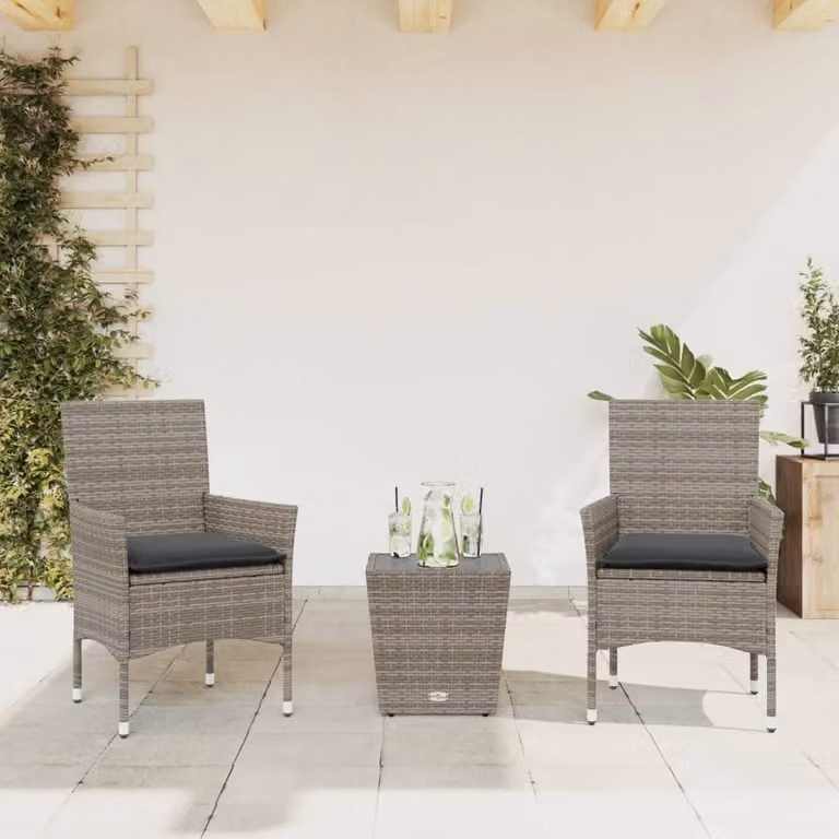 Maison Exclusive - Set da Bistrò 3 pz con Cuscini Grigio Polyrattan e Vetro