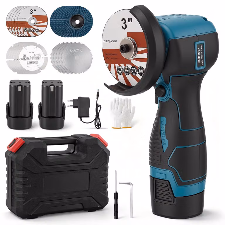 Smerigliatrice angolare compatta, 16,8V, con batteria, dotata di 20 dischi abrasivi e custodia per utensili