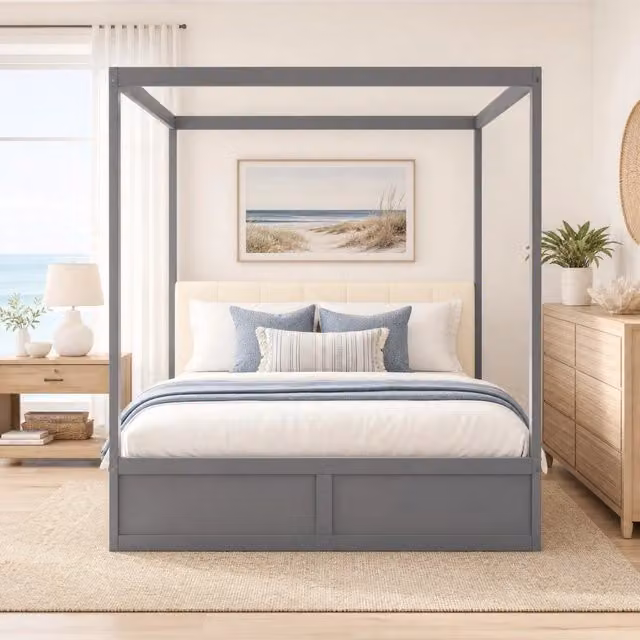 Letto a tenda 140x200 cm grigio in legno con testiera imbottita e 2 cassetti
