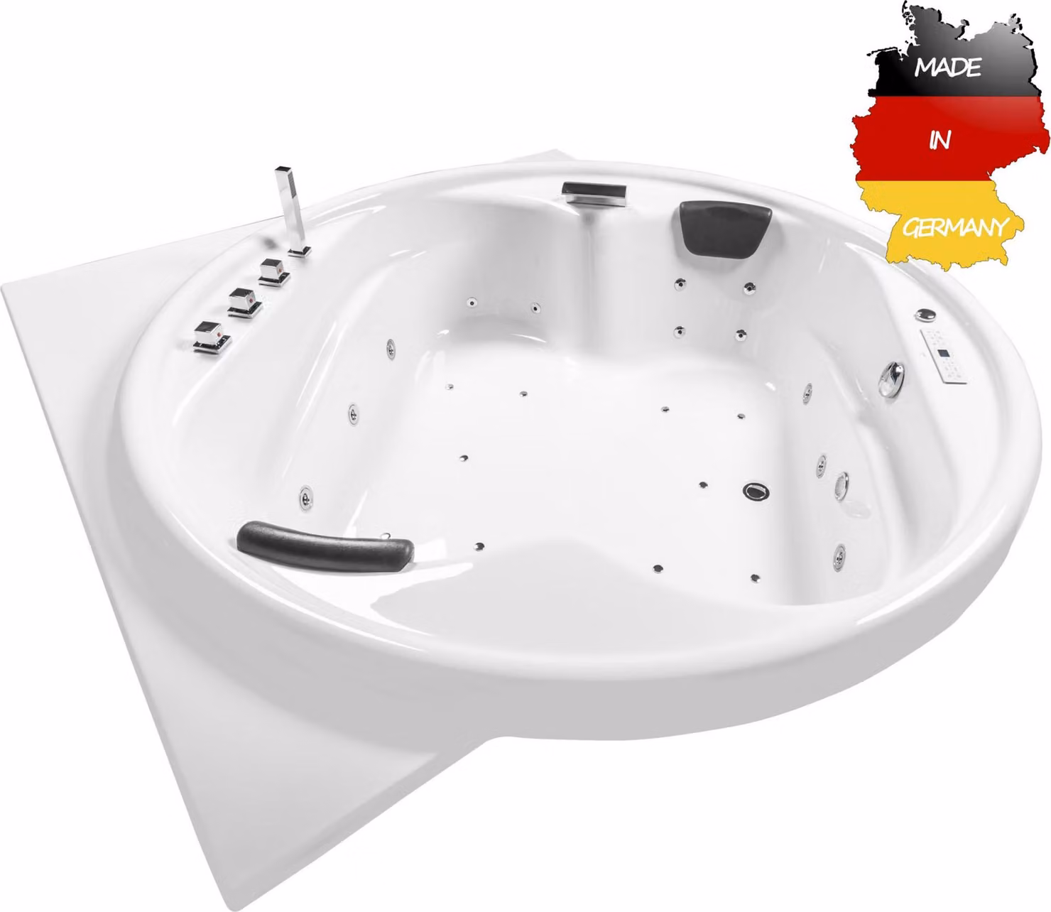 Vasca idromassaggio con piedistallo per interni Basera CLASSIC XXL Gomera con angolo 186 x 186 cm, 28 getti massaggianti, cascata, ambiente LED, touch panel, Bluetooth e radio
