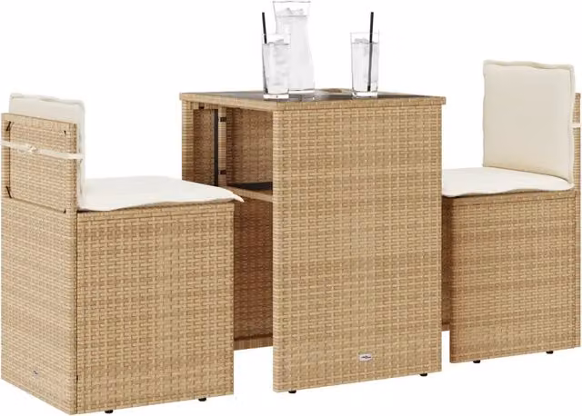 Set da Bistrò vidaXL in Polyrattan con Piano in Vetro e Cuscini Beige e Bianco, 3 Pezzi