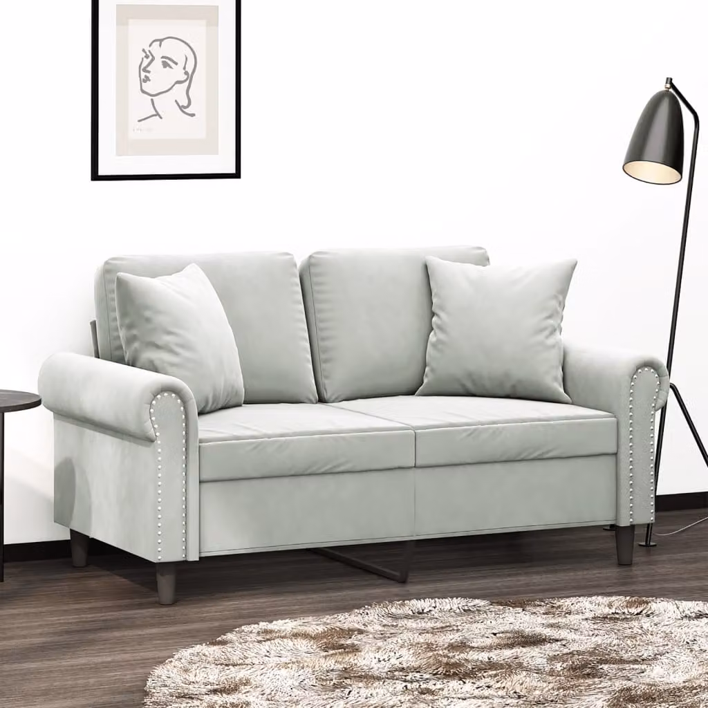 vidaXL Divano a 2 Posti Moderno in Velluto Grigio con Cuscini e Struttura in Metallo L: 152 cm, P: 80 cm, H: 77 cm