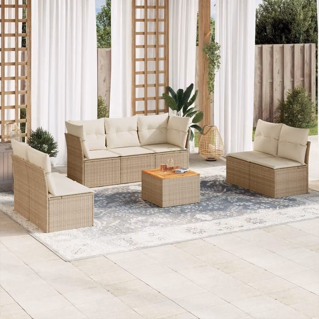 vidaXL Set Divano da Giardino a L 8 pz in Polyrattan con Cuscini Beige e Tavolino da Esterno – 1