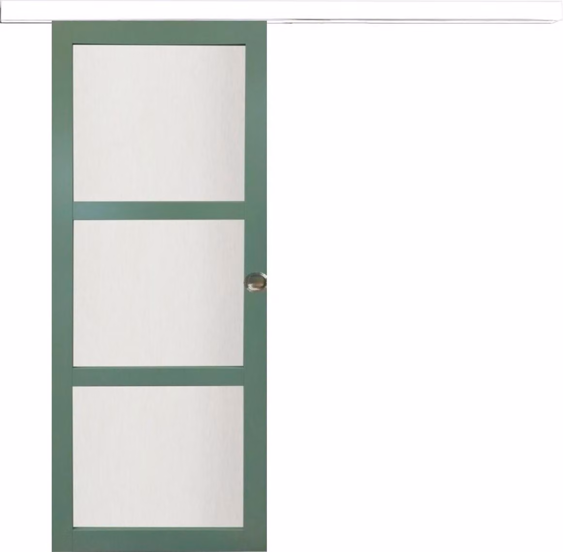 Porta scorrevole verde chiaro con vetro H204 x L83 cm, binario in alluminio con fascia bianca, conchiglie Gd Menuserie