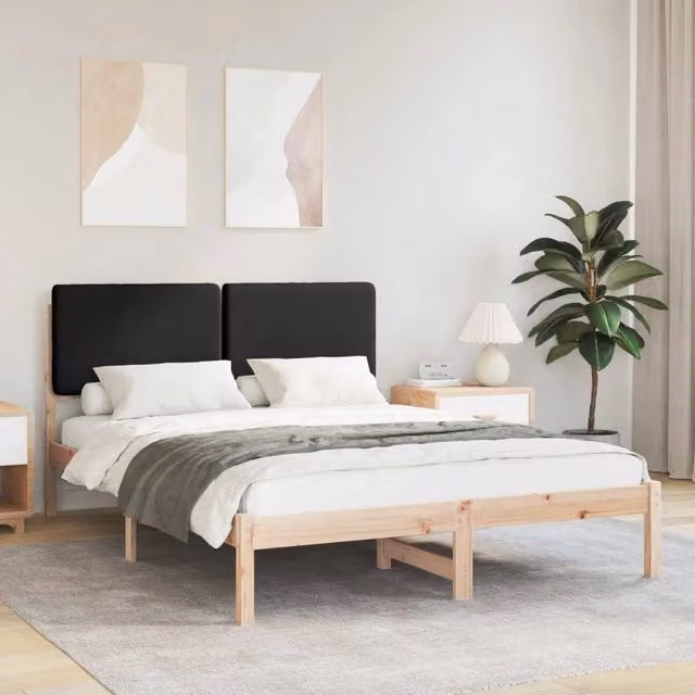 Letto moderno vidaXL in pino massello con testiera rivestita in tessuto nero L/P/H: 150 x 200 x 105,5 cm