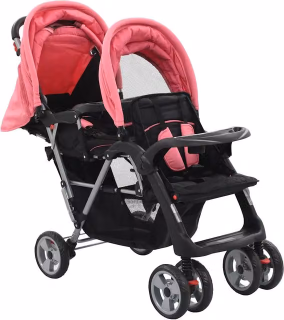 Passeggino Gemellare a Tandem Pieghevole vidaXL in Acciaio e Tessuto, Rosa e Nero, L/P/H: 122,5 x 53,5 x 111,0 cm