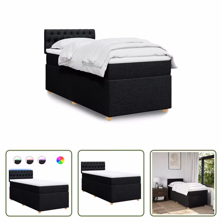 The Living Store Letto a molle con materasso nero 90x190 cm in tessuto