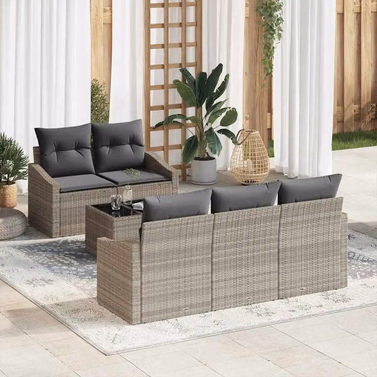 Set di divani da giardino vidaXL in polyrattan grigio, composto da 6 pezzi con elementi angolari, pouf e tavolino da caffè esterno