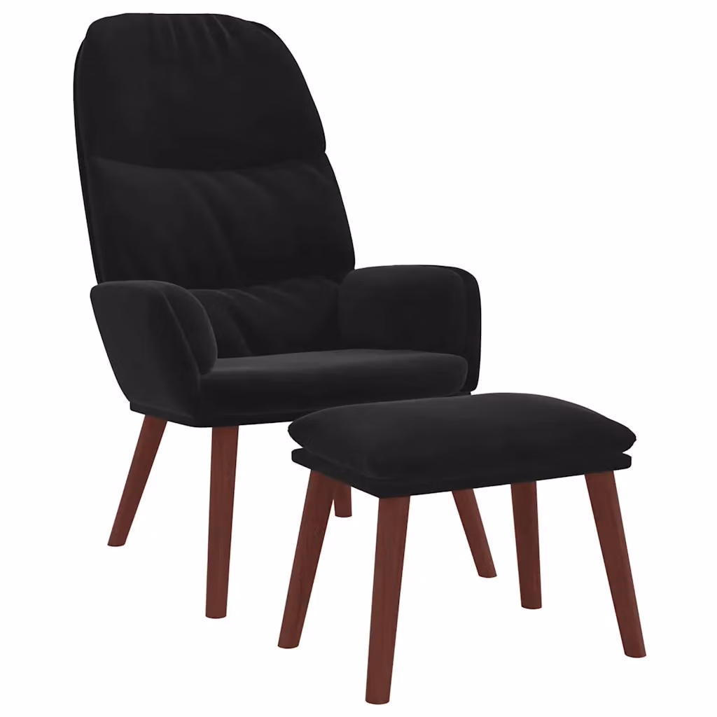 Poltrona Relax con Poggiapiedi in Velluto Nero con Struttura in Legno e Metallo – 2