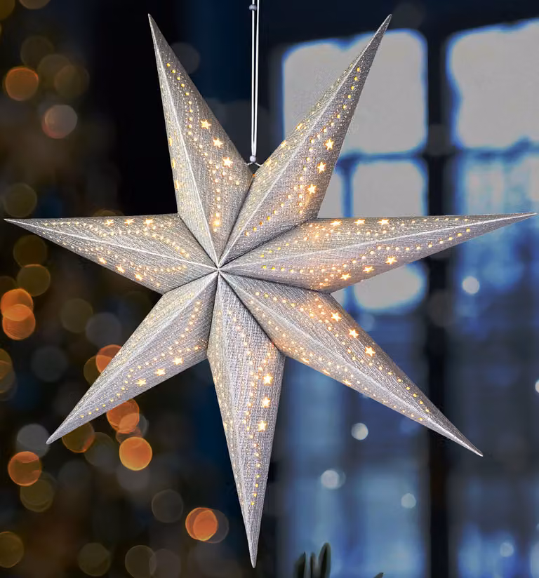 BRUBAKER Stella di Natale 3D da appendere - Stella di carta per finestre con presa E14 - Stella dell'Avvento decorativa da 60 cm, argento