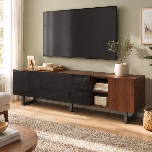 Mobile TV ULEVR 180x38x50 cm con ante senza maniglie e vani aperti, nero lucido e naturale