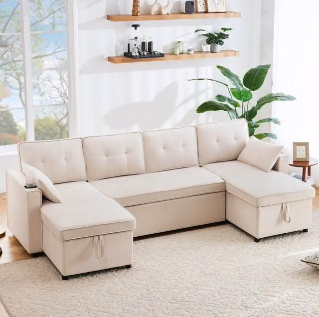 Divano letto a U 4 posti 270x130 cm beige con contenitore HOMVRA