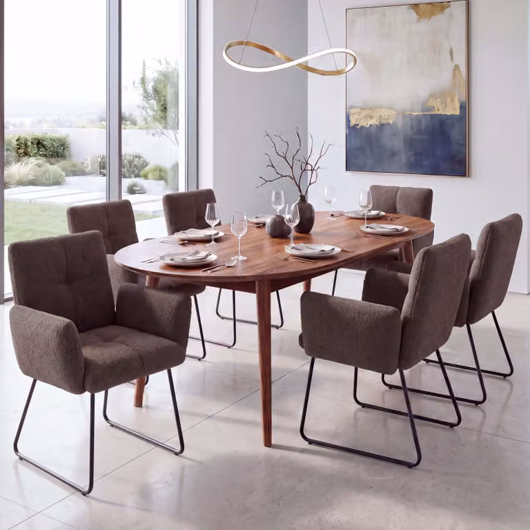 Set di 6 sedie da pranzo modello HWC-K34, sedia da cucina imbottita con braccioli, rivestita in tessuto bouclé/tessuto metallico MVG, colore marrone
