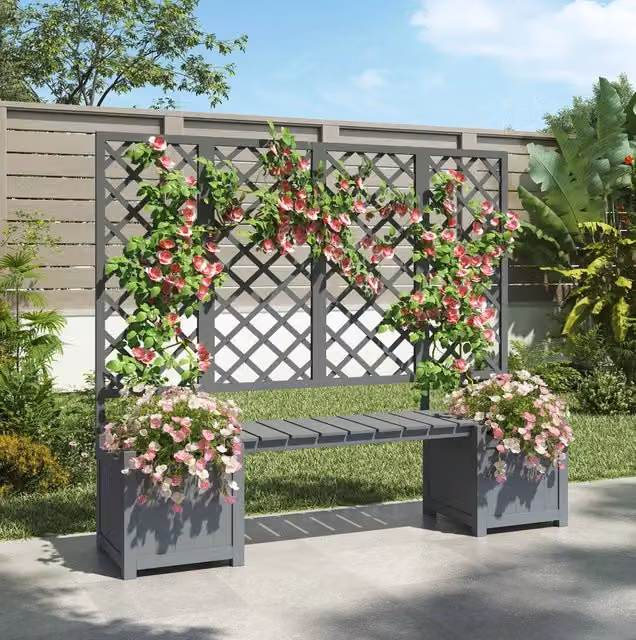Vaso da giardino in legno massello di abete con pergolato e seduta, colore grigio, dimensioni 169x145x42 cm