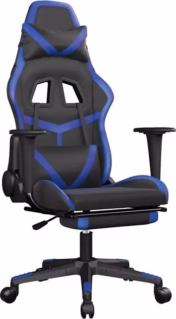 Sedia da Gaming Sportiva con Poggiapiedi e Poggiatesta, Nero e Blu in Similpelle – 1