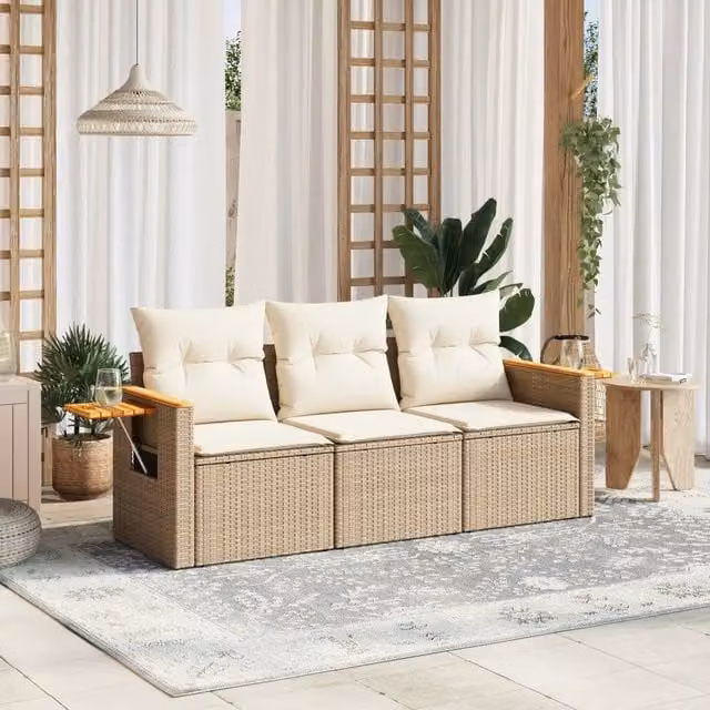 Set Divano da Giardino Moderno VIDAXL in Polyrattan Beige con Cuscini, 3 Posti – 1