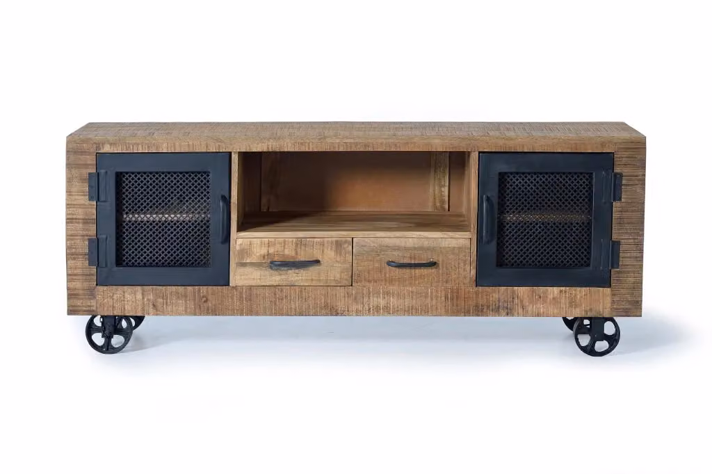 Mobile TV in legno di mango con 2 ante e 2 cassetti stile industrial Giner y Colomer, marrone e nero, L: 150 cm, P: 38 cm, H: 60 cm – 2