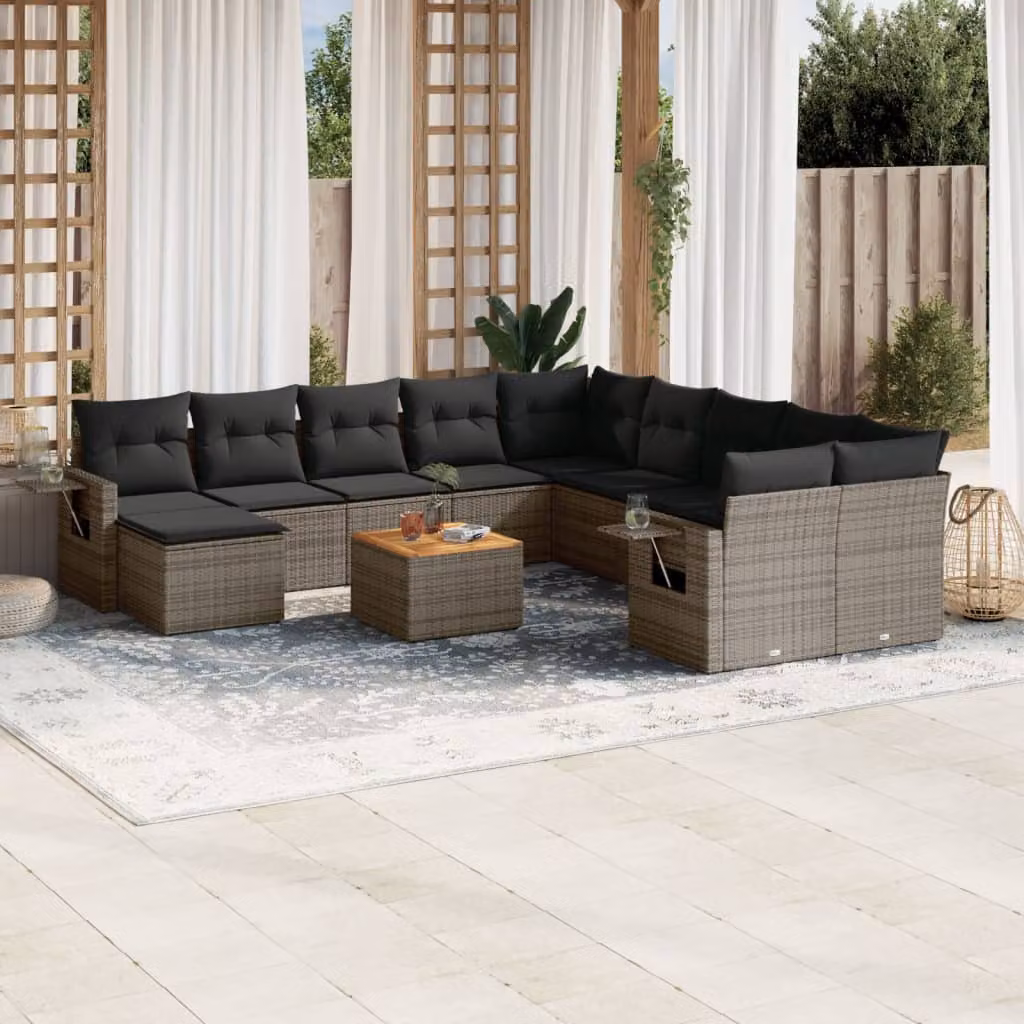 vidaXL Set Divani da Giardino 12 pz in Polyrattan Grigio con Cuscini e Tavolino – 1