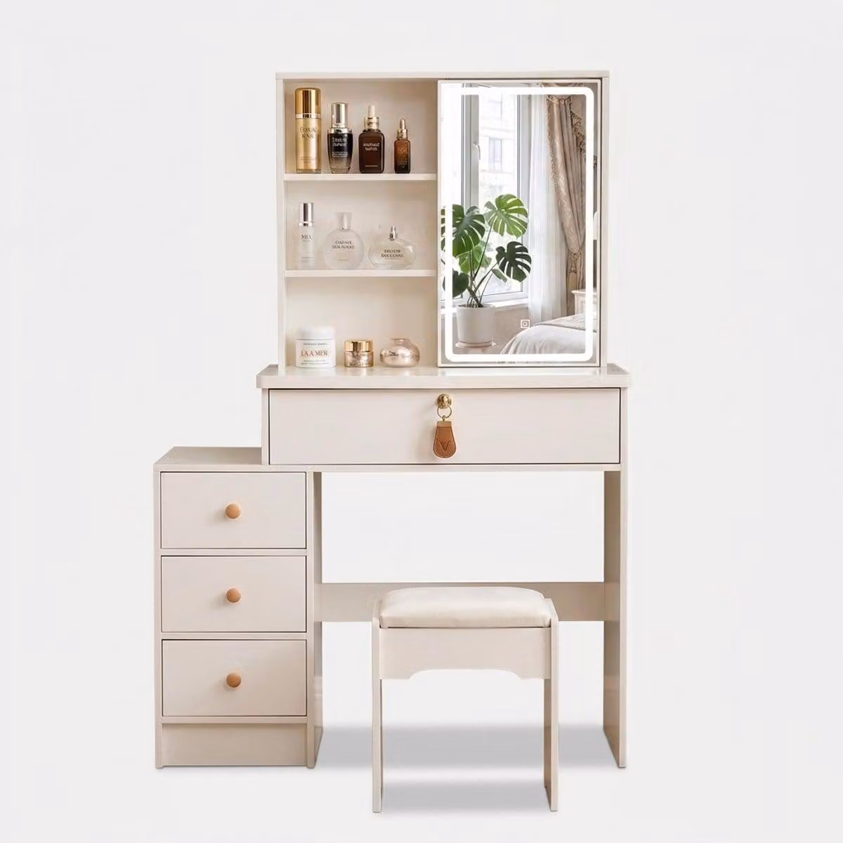 Tavolino da toilette con specchio scorrevole e luce LED e sgabello Andrina