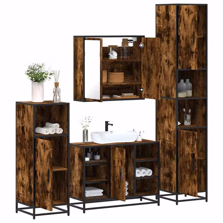 Set di mobili da bagno industrial vidaXL 4 pezzi in legno e metallo marrone con armadietto specchio, mobile lavabo, mobile laterale e colonna alta