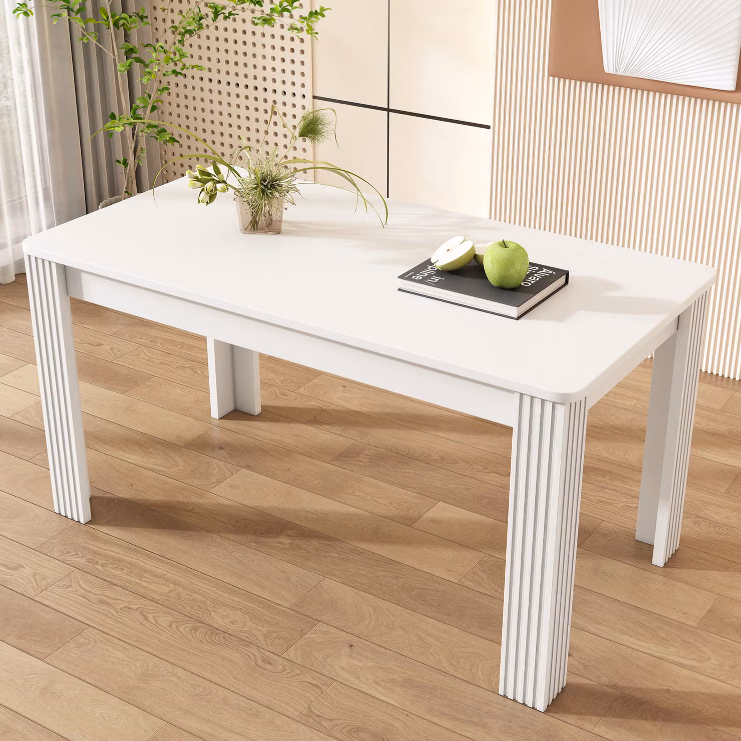 Tavolo da pranzo Sweiko, Tavolo da pranzo contemporaneo, Tavolo da pranzo robusto, Tavolo con quattro gambe, Tavolo in rovere, Tavolo da pranzo rettangolare, Tavolino, Tavolo da pranzo moderno e semplice, Bianco