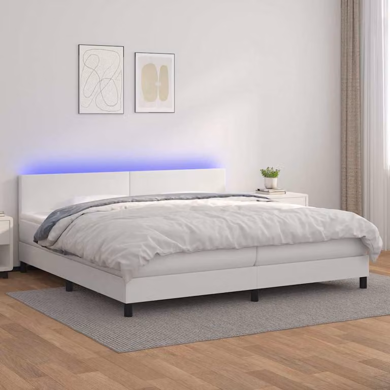 vidaXL Giroletto con Molle, Materasso e Illuminazione LED in Similpelle Bianca, L/P: 200 x 200 cm