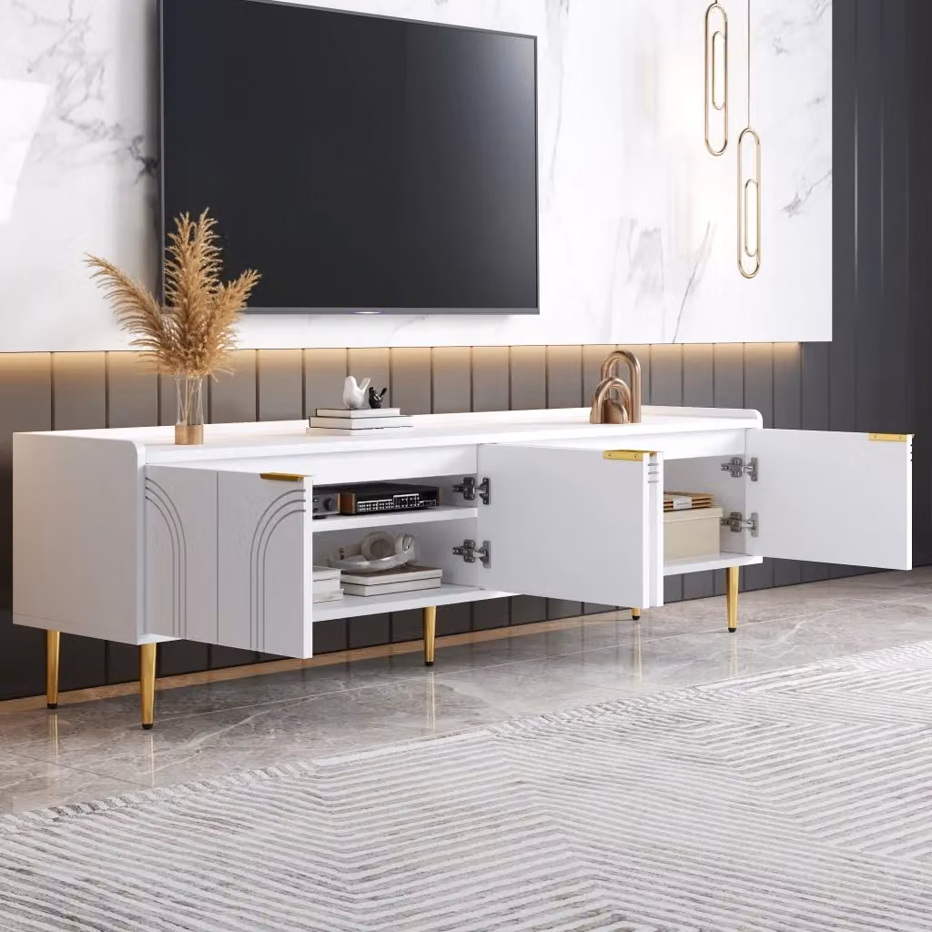 Mobile TV Mivray moderno con ante decorate in 3D e dettagli dorati, bianco lucido, L: 170 cm, P: 35 cm, H: 47.5 cm – 2