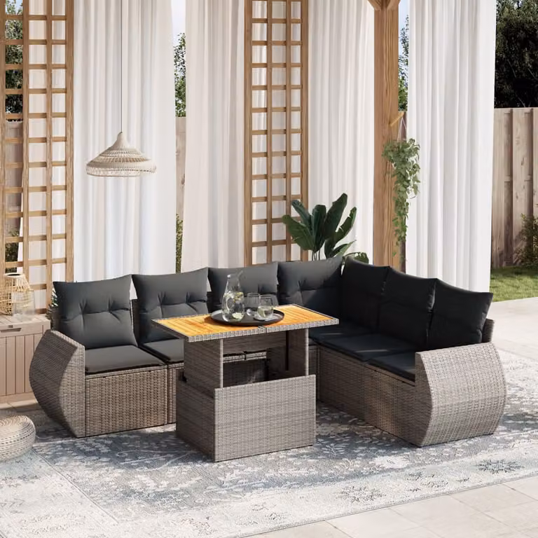 Set di divani da giardino vidaXL in polyrattan grigio con cuscini, tavolo e sedute a forma di L per esterno