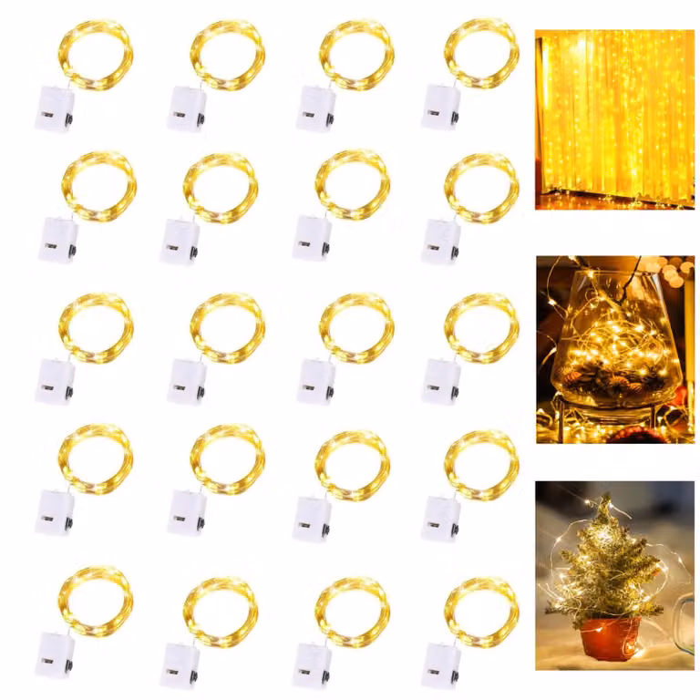 Catena luminosa a micro-LED, 2 metri, 20 LED, 3 modalità, alimentazione a batteria, luce bianco caldo