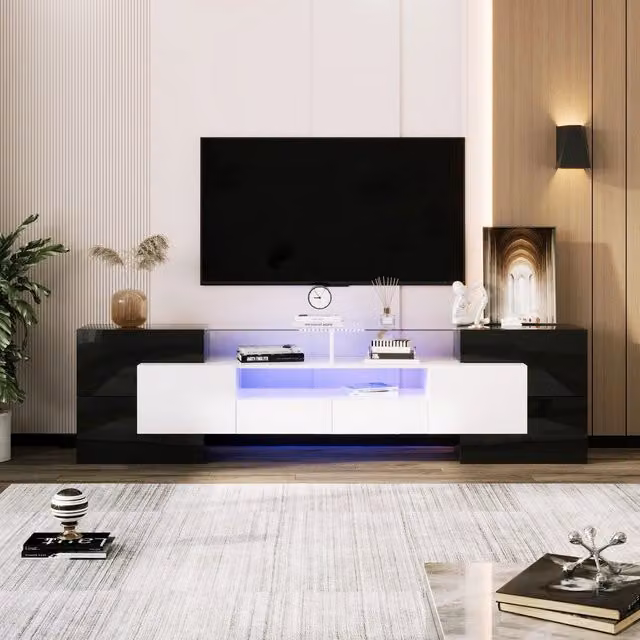 Mobile TV Basso ¨C Xylo ¨C Bianco Lucido e Nero, LED, 200 cm, Vetro, Soggiorno
