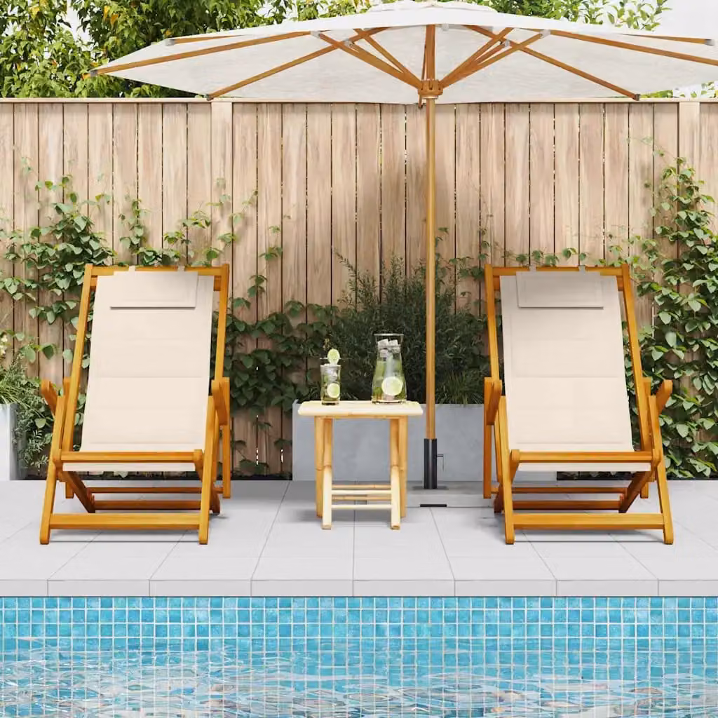 Set di 2 sedie da spiaggia vidaXL in legno di acacia marrone con tessuto textilene beige e cuscini inclusi