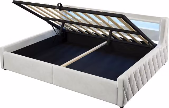 Letto contenitore moderno in flanella beige con illuminazione LED e vano idraulico L/P/H: 140 x 200 x 74 cm
