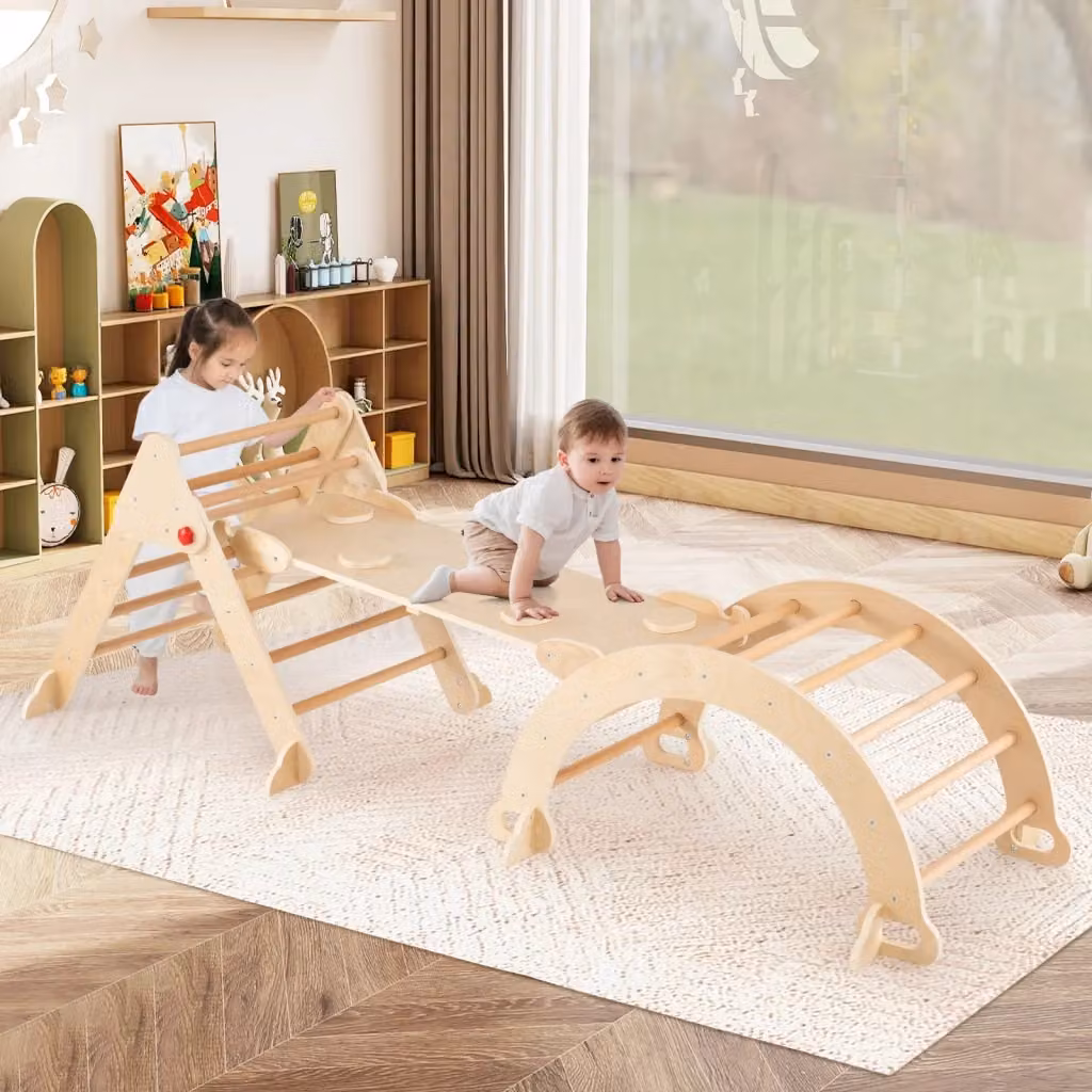 Set triangolo 7 in 1 per bambini, palestra da interno pieghevole in legno beige e bianco per età 3+ anni – 2