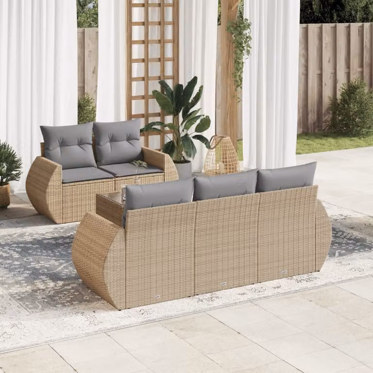 vidaXL Set Divano da Giardino a L 6 pz con Cuscini Beige e Tavolino in Metallo e Polyrattan