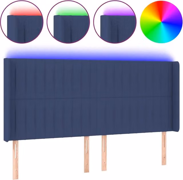 Testiera moderna in tessuto blu con illuminazione LED integrata e porta di ricarica USB, L: 203 cm, P: 16 cm, H: 118-128 cm