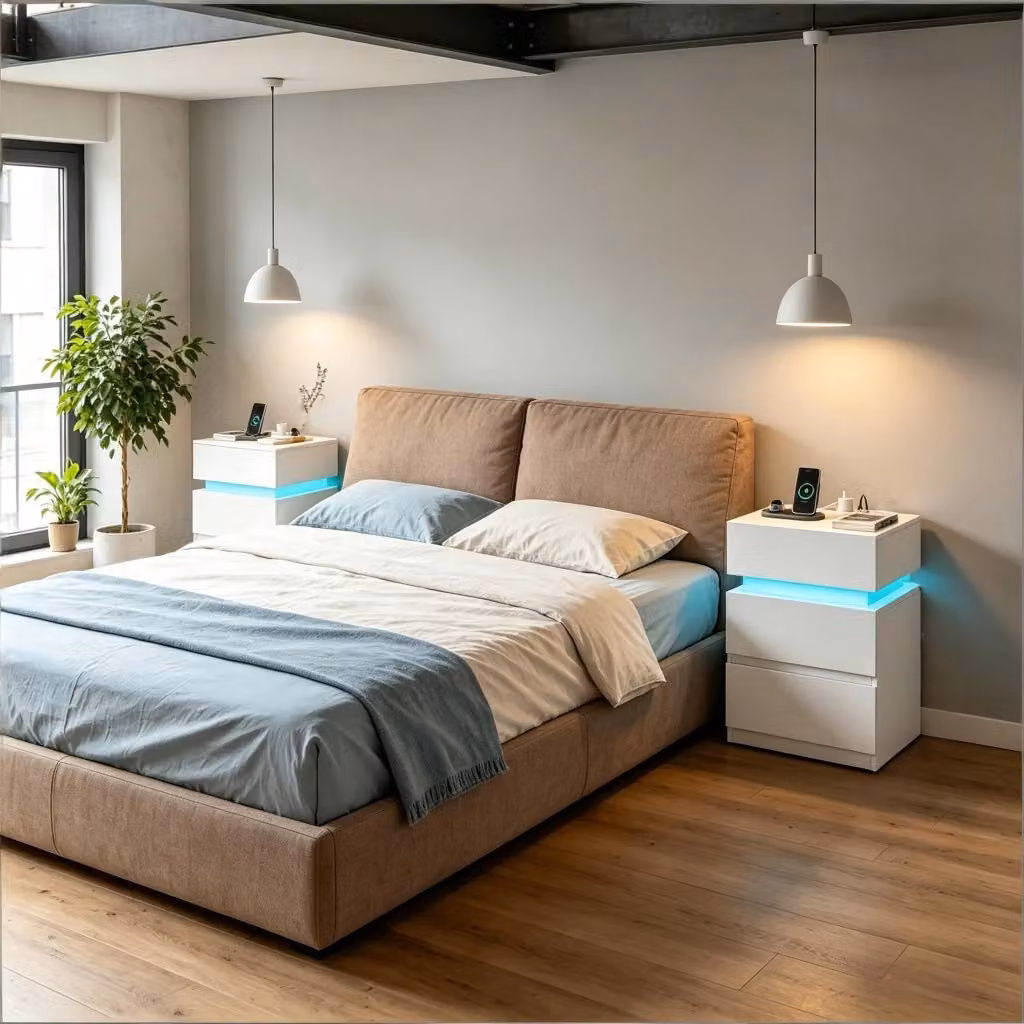 Set di 2 comodini FOLYNA in legno bianco con LED regolabile, 2 cassetti e ricarica con 2 prese e 2 USB, L/P/H: 40 x 35 x 55 cm – 2