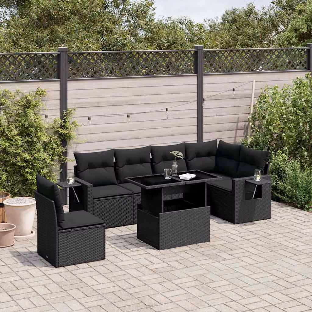 Set Divani da Giardino vidaXL a Forma di L con Cuscini e Tavolino, 7 Pezzi in Polyrattan Nero – 1