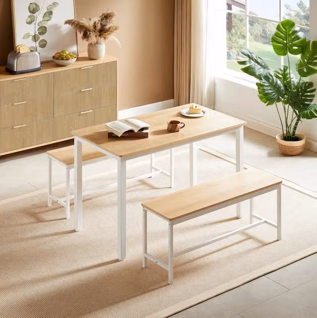 Set tavolo da pranzo con 2 panche 110x60 cm naturale e bianco