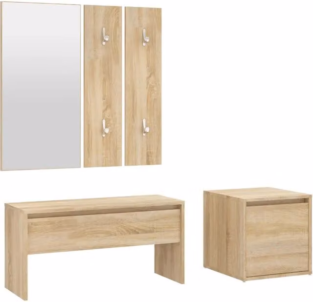 Set di Mobili da Corridoio Moderno in Legno Multistrato Rovere con Panca, Specchio, Pannello e Scarpiera, Colore Marrone
