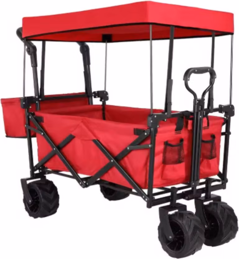 Carretto pieghevole XL - 262L - Carrello da giardino - Con maniglione di spinta - Per tutti i terreni - Tetto rimovibile - Portata 115kg - Rosso