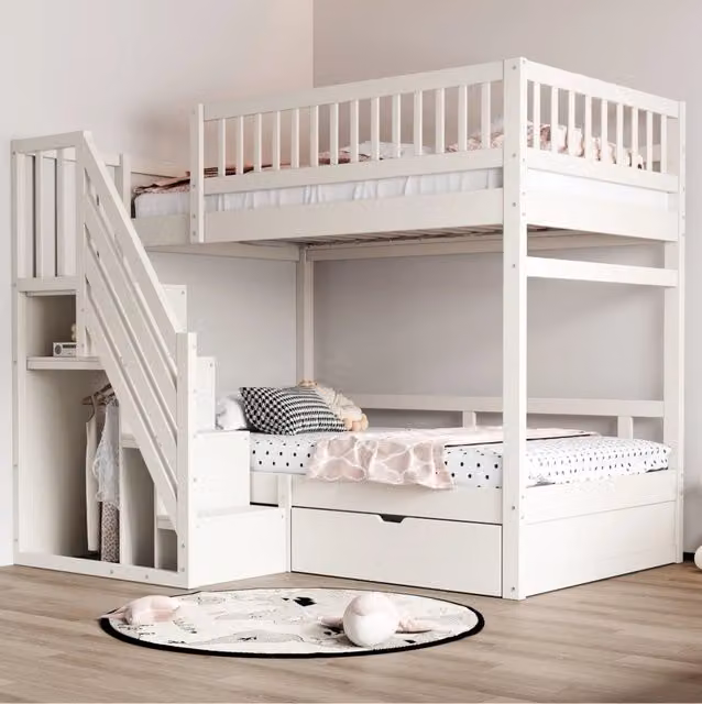Letto a castello ULEVR 90x200 cm con scala contenitore, cassetto e sponde alte, bianco