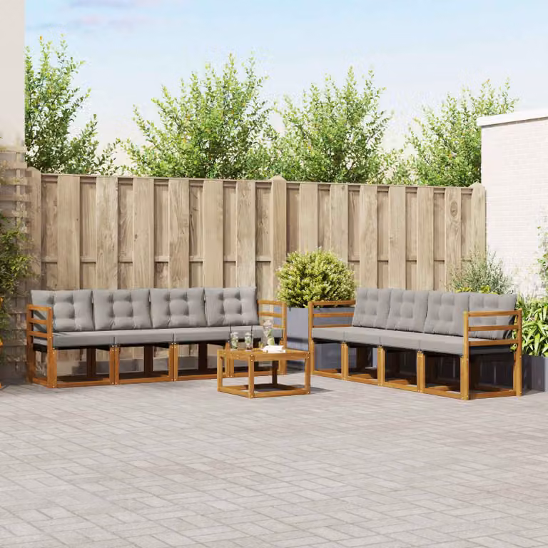 Set di divani da esterno vidaXL 9 pezzi a forma di U in legno di acacia con tavolino e cuscini, Grigio e Marrone