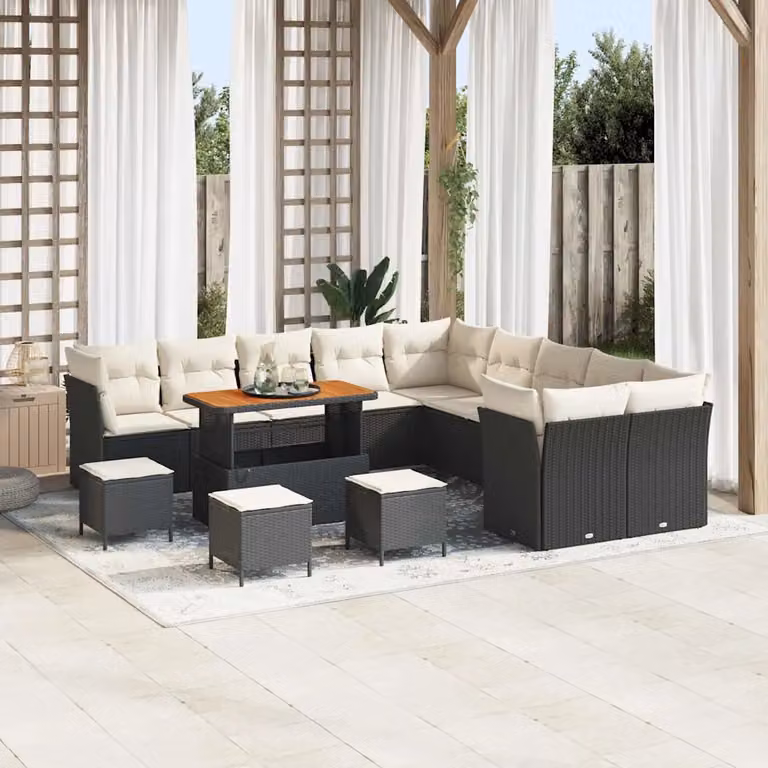 Set Divano da Giardino vidaXL a forma a U in Polyrattan Nero con 14 Pezzi e Cuscini Inclusi
