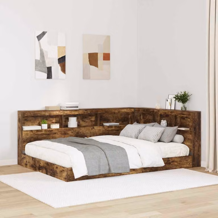 Testata del letto con contenitore vidaXL in legno e metallo, colore marrone, con ripiano integrato e porta USB, L/P/H: 217.5 x 177.5 x 76.5 cm