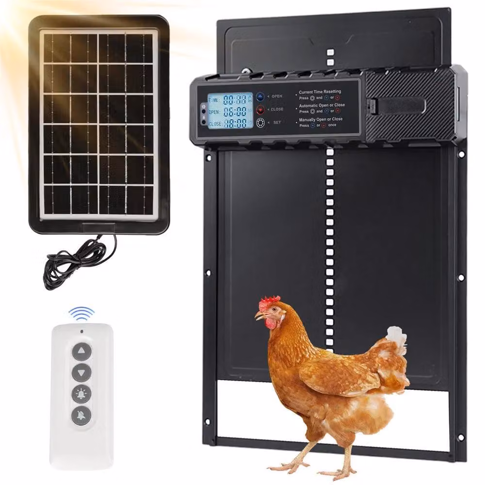 Serranda automatica per pollaio - Porta per pollaio - Alimentazione solare, timer, sensore di luce, telecomando, modalità manuale, ferro - Nero