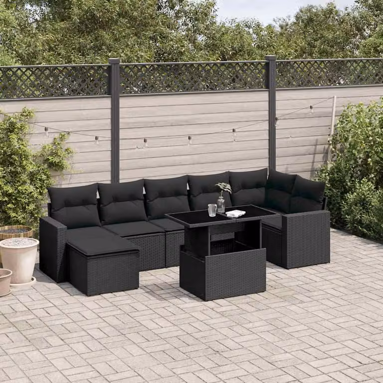 vidaXL Set Divani da Giardino a L con Cuscini 8 pz Nero in Polyrattan e Acciaio