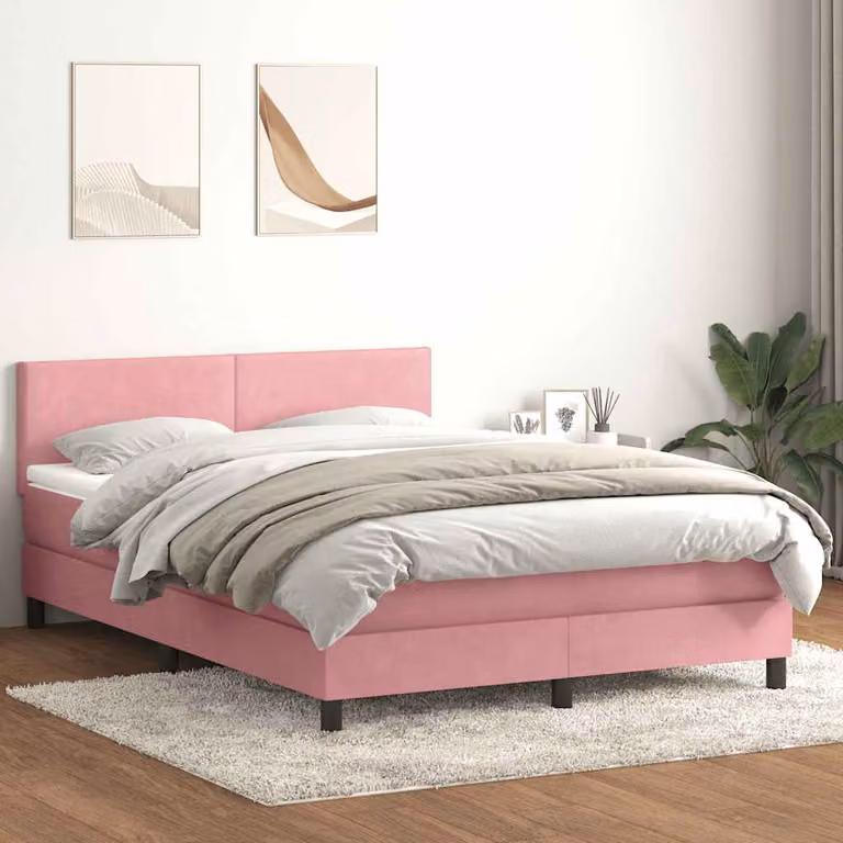 vidaXL Letto con Giroletto a Molle e Materasso Ibrido in Velluto Rosa e Bianco L: 160 cm, P: 213 cm, H: 88 cm